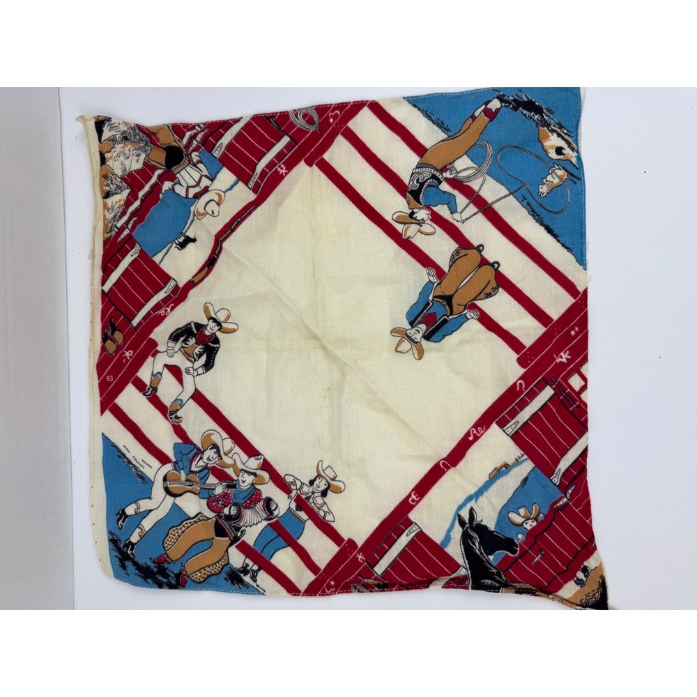 Vintage Western Rodeo Handkerchief Cowboy Cowgirl Horse Print Red Blue 12.5in